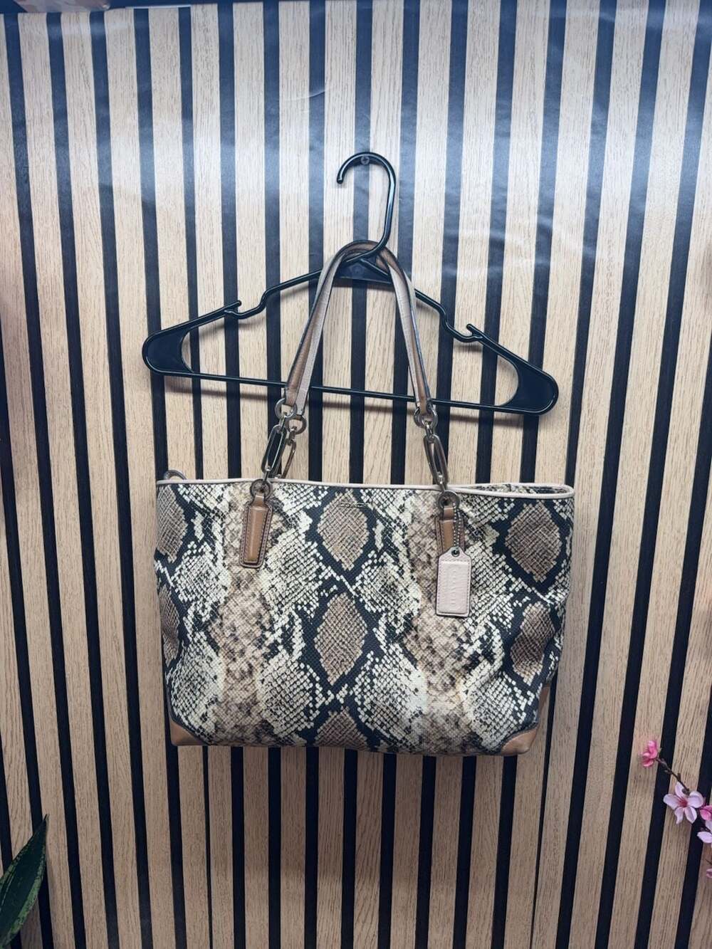 Coach Snakeskin Print Tote Bag with Chain Detail